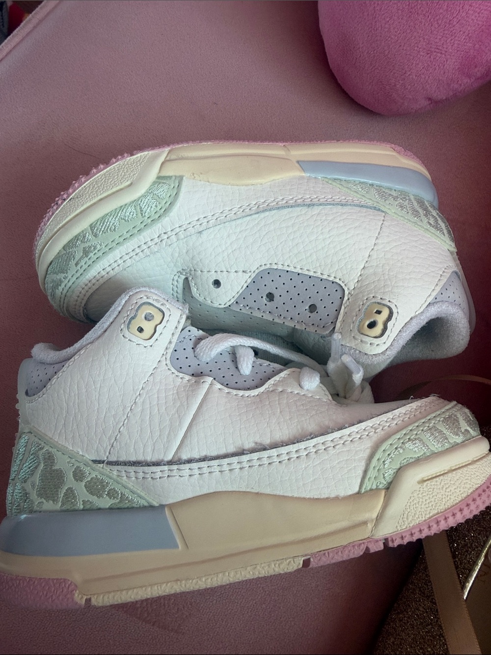 Jordan Kids White Sneakers with Mint and Pastel Pink Accents